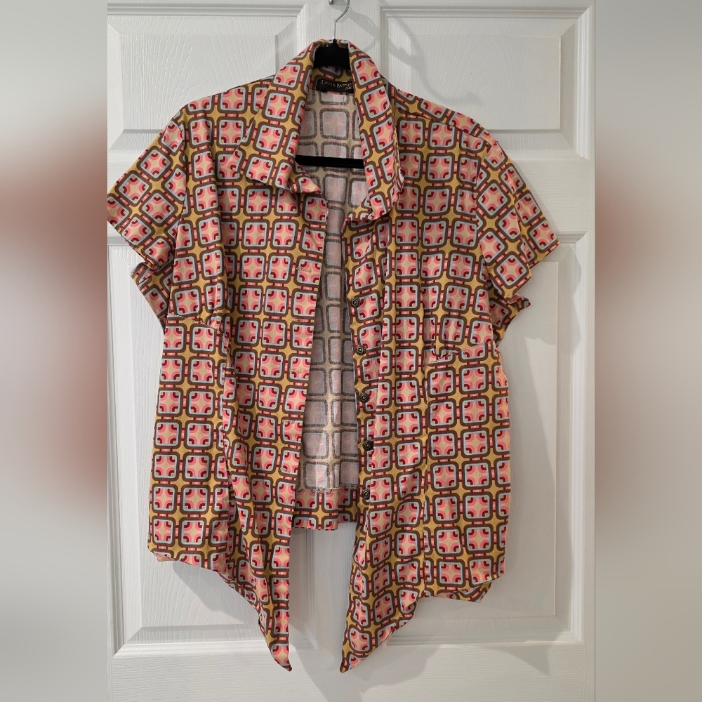 Pinup Girl Clothing Ridley Button down Tie Top Women's 2x Hotel print